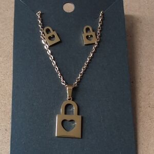 Gold Padlock Necklace and Earring Set